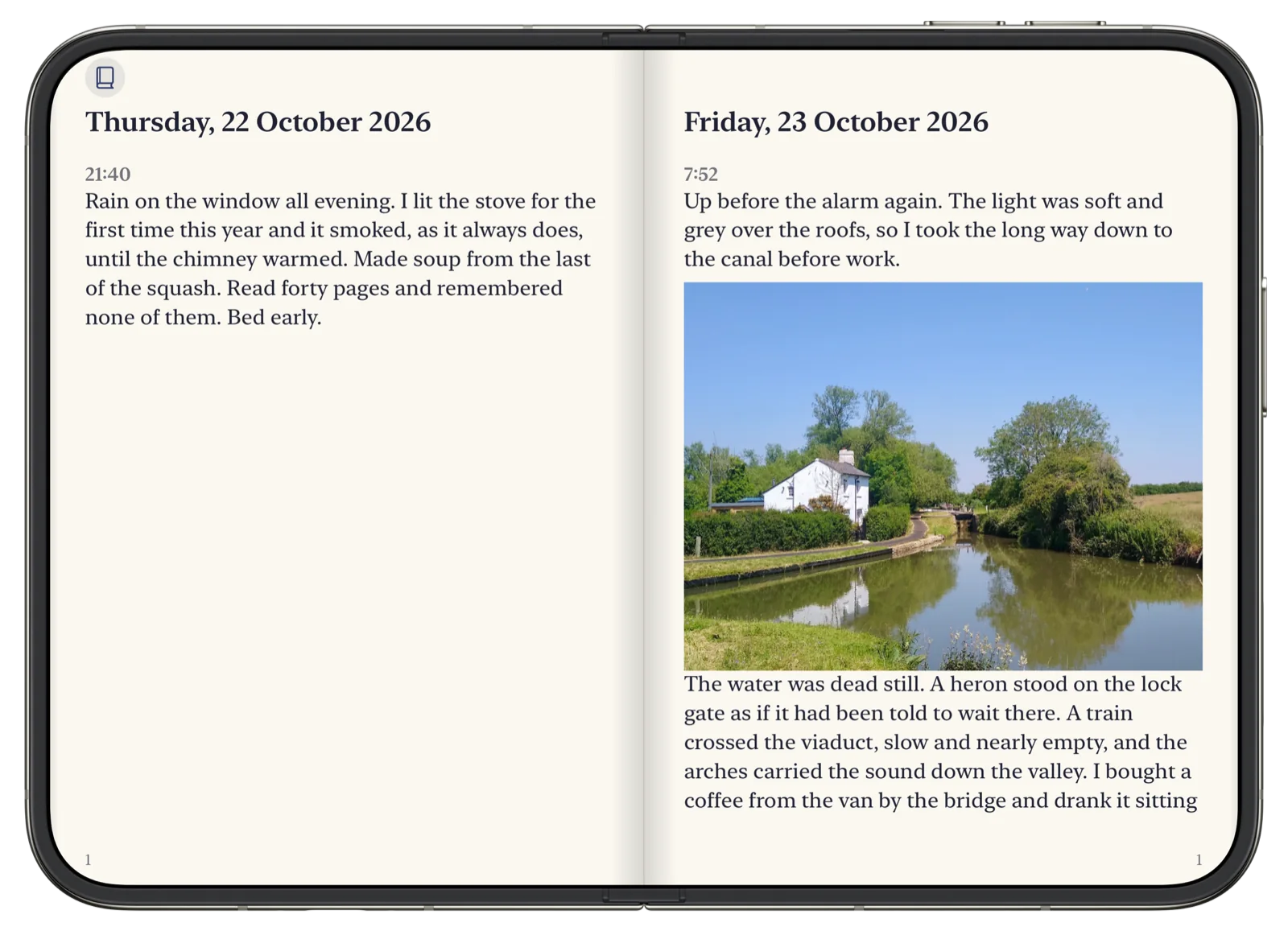 Bifolio open on an iPhone Duo as a book: Thursday 22 October on the left page and Friday 23 October, with its photograph of the canal, on the right.
