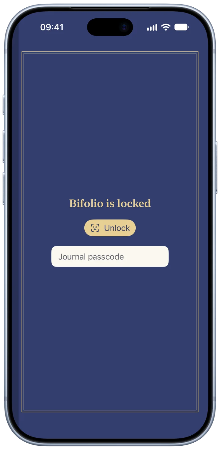 Bifolio locked on an iPhone: the journal shown as a closed indigo book, with an Unlock button and a journal passcode field.