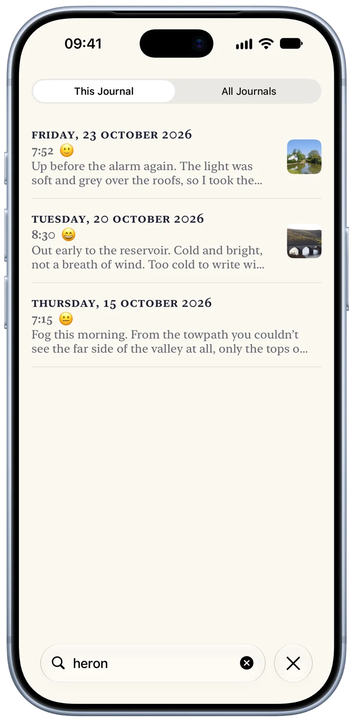 Bifolio’s search on an iPhone: a word typed in the search field, and three days of entries listed below it.