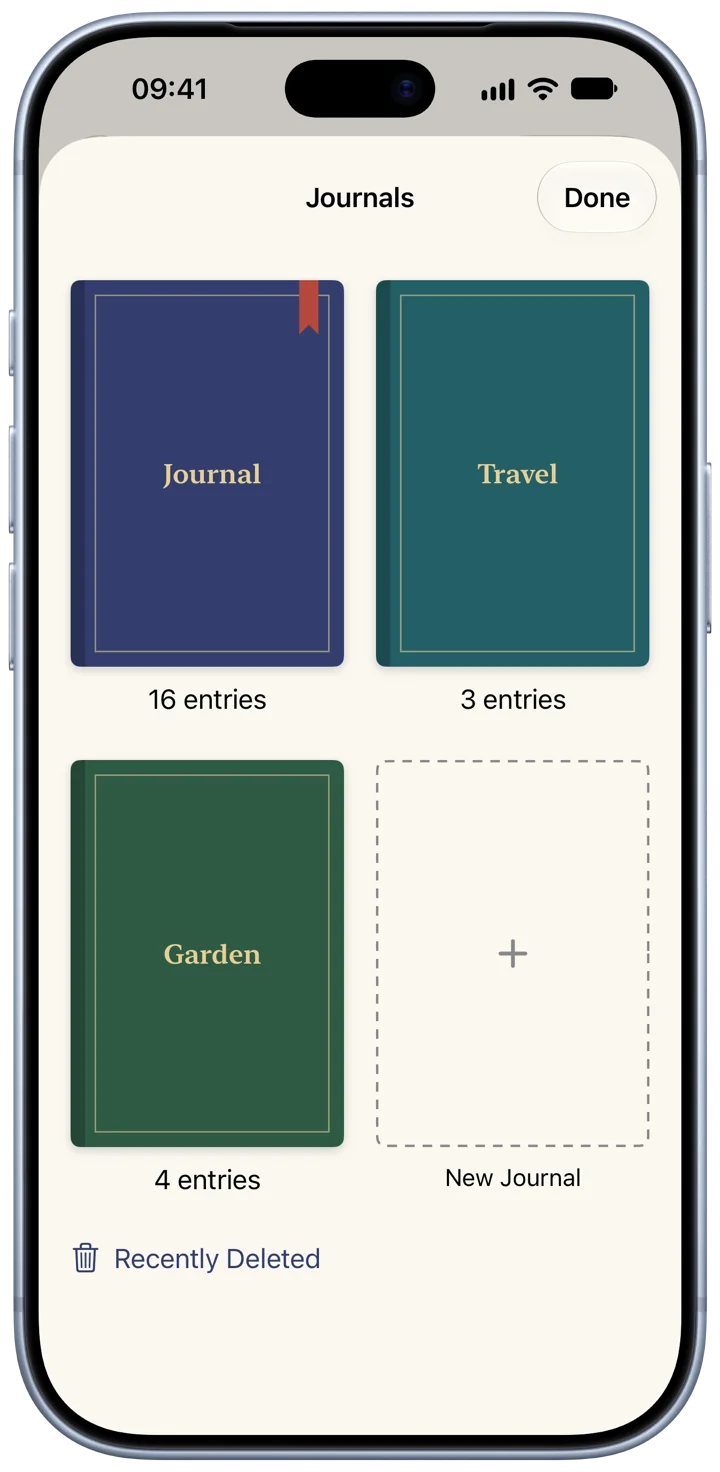 Bifolio’s shelf of journals on an iPhone: three journals in indigo, teal and green cloth, each with its count of entries, and a space for a new journal.